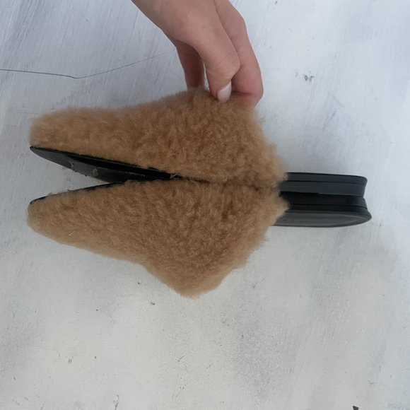 Jenni Kayne Shearling Mules Slip On Flats Semi-Pointed Toe Tan - Picture 6 of 9